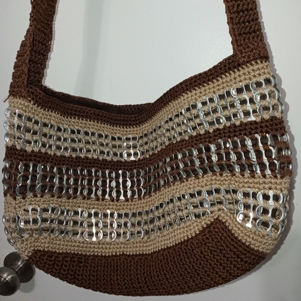 Handmade Crochet Hobo Bag made with Silver Flip top Soda can Tabs.Brown Beige